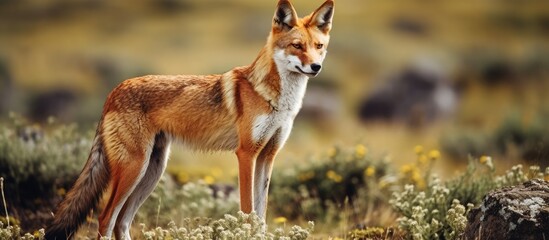 The Ethiopian wolf, also known as Canis simensis, is a highly endangered carnivore in Africa and one of the rarest canids. - obrazy, fototapety, plakaty