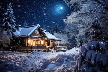 Fototapeta premium Capturing The Magic Of A Winter Wonderland: A Spectacular Nighttime Scene Of Freshly Fallen Snow Bathed In Moonlight