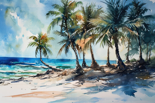 Watercolor Painting Of Palm Trees On The Beach