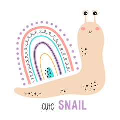 cute childish print with snail and rainbow shell, trendy kids vector print, ideal for creating posters, cards, prints, paper, kids clothing and room decor