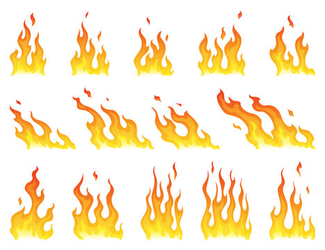 Fire flames icon set. Cartoon heat wildfire or bonfire, burn power fiery. Power light energy silhouettes. Campfire element in flat style. Isolated vector illustration