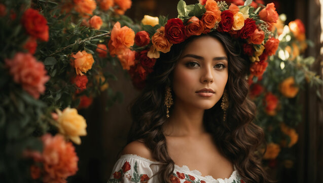 Oczarowanie tradycją: Portret kobiety w kwiecistym wianku