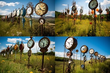 : A row of antique clocks melting like Salvador Dali's paintings in the midst of a vibrant meadow