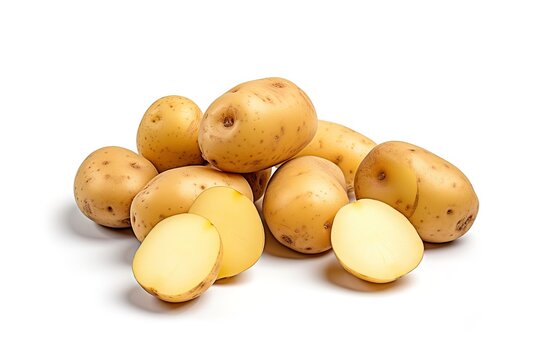 fresh potatoes and fresh potato slices photographed at close range on a white background. generative AI