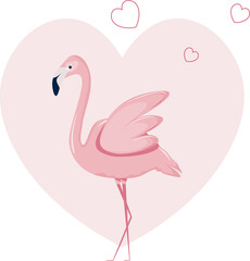 Illustration of pink flamingo on heart background, banner, greeting card, cover