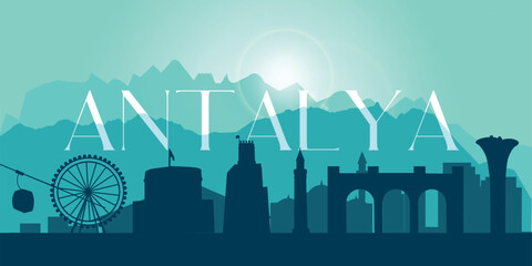 Fototapeta premium Silhouette of mountains borders and attractions in Antalya city, Turkey. Green background