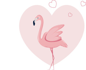 Illustration of pink flamingo on heart background, banner, greeting card, cover