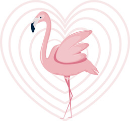 Illustration of pink flamingo on heart background, banner, greeting card, cover