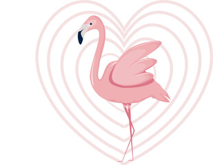 Illustration of pink flamingo on heart background, banner, greeting card, cover