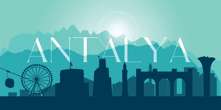 Silhouette of mountains borders and attractions in Antalya city, Turkey. Green background