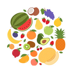 Set of different fruits and berries in circle shape. Natural tropical fruits. Organic, vegetarian food. Healthy eating. Vector flat illustration isolated on white background