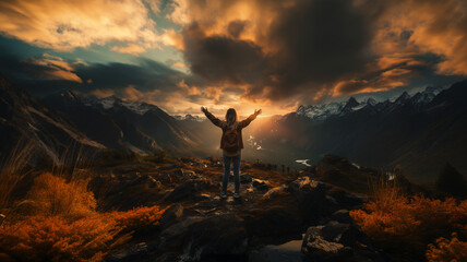 Atop the mountain peak, a victorious adventurer stands with arms outstretched looking to view