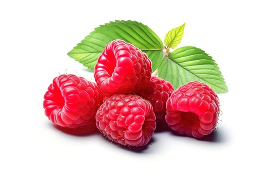Fresh raspberries with green leaf decoration behind them photographed from close range. generative AI