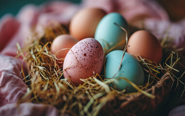 Fototapeta premium A nest cradles a mix of pastel and natural speckled eggs, nestled in a soft blanket, signifying the tenderness and care of spring.