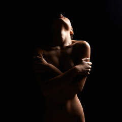 Nude Woman silhouette in the dark. Beautiful Sexy Naked Girl - obrazy, fototapety, plakaty