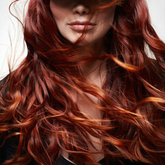 curly long red hair. beauty portrait of healthy hair girl - obrazy, fototapety, plakaty