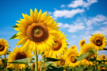 Sunflower field in full bloom under clear summer skies, showcasing nature's vibrant colors.
