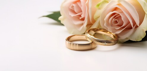 a pair of gold rings with pink roses on the side. generative AI