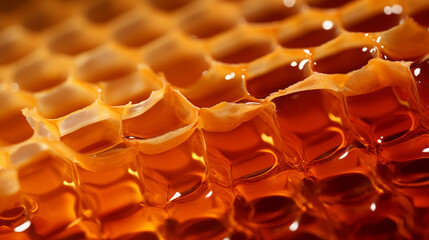 Honeycomb section filled with golden honey macro abstract background texture