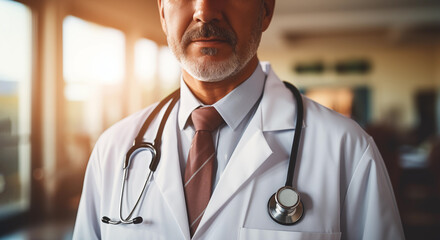 Middle-aged male doctor in white lab coat with stethoscope against the backdrop of a blurry clinic in daylight. Healthcare, medical staff concept - obrazy, fototapety, plakaty