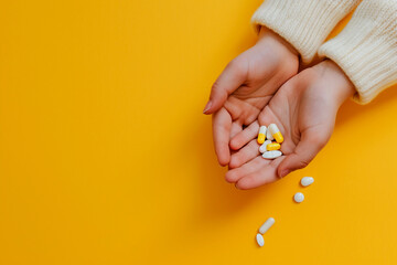 A child's hand is holding a handful of pills and capsules, Generative Ai - obrazy, fototapety, plakaty
