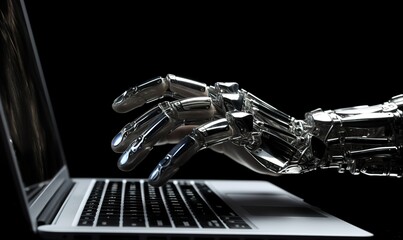 a robot hand typing on a laptop. generative AI