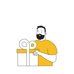 Digital business concept with cartoon people in flat design for web. Man making purchases in store and gets gift with loyalty program. Vector illustration for social media banner, marketing material.