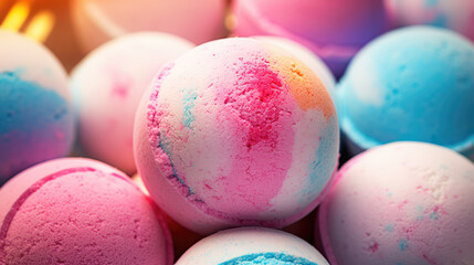 Beautiful fizzy multicolored bath bombs. Round multicolored balls for bathing and relaxation. Handmade aromatic bath bomb.