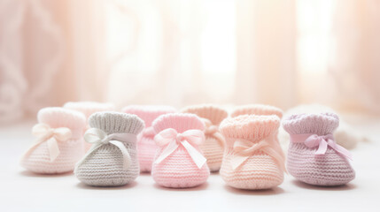 Cute warm baby knitted booties on pastel background with copy space. Baby socks for newborn babies....