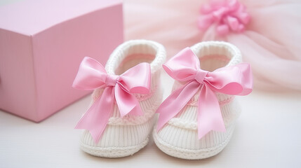Obraz na płótnie Canvas Cute warm baby knitted booties for girl on pastel background with copy space. Baby socks for newborn babies. First steps, baby products store banner.