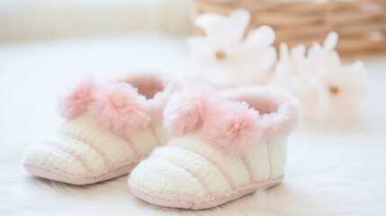 Fototapeta na wymiar Cute warm baby knitted booties for girl on pastel background with copy space. Baby socks for newborn babies. First steps, baby products store banner.