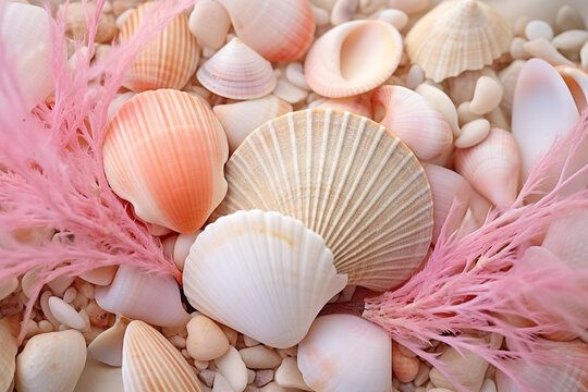 Nature, graphic resource concept. Abstract and minimalist various shapes and forms corals and seashells background with copy space. Tones image with pink color
