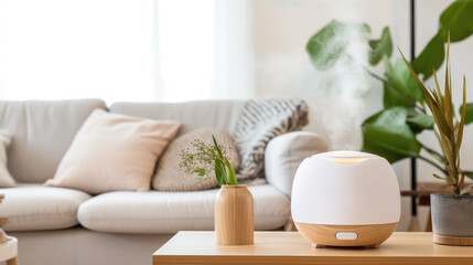 Fototapeta na wymiar Electric aroma diffuser on table in modern minimal living room interior with plants. Portable humidifier for air purification and comfort.