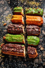 different eclairs on the table