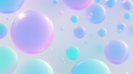 iridescent pastel purple pink teal blue colors Bubbles in a light blue gradient background - obrazy, fototapety, plakaty