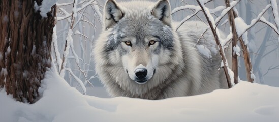 Fototapeta premium Winter captive wolf emerges forward gazing.