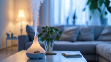 Electric aroma diffuser on table in modern minimal living room interior in the evening. Portable humidifier for air purification and comfort. - obrazy, fototapety, plakaty