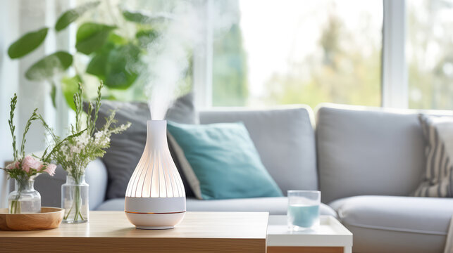 Electric aroma diffuser on table in modern minimal living room grey interior. Portable humidifier for air purification and comfort.