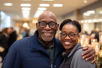 a middle-aged man embraces a young woman. they wearing glasses and smiling at the camera.