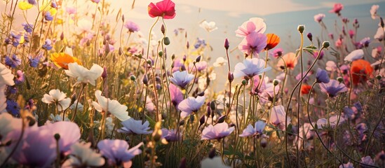 A picture of flowers in a field. - obrazy, fototapety, plakaty