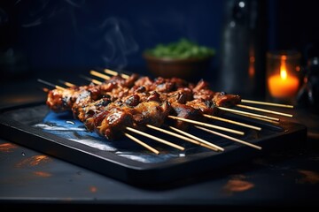 A pile of meat satay on a plate that has been grilled - obrazy, fototapety, plakaty