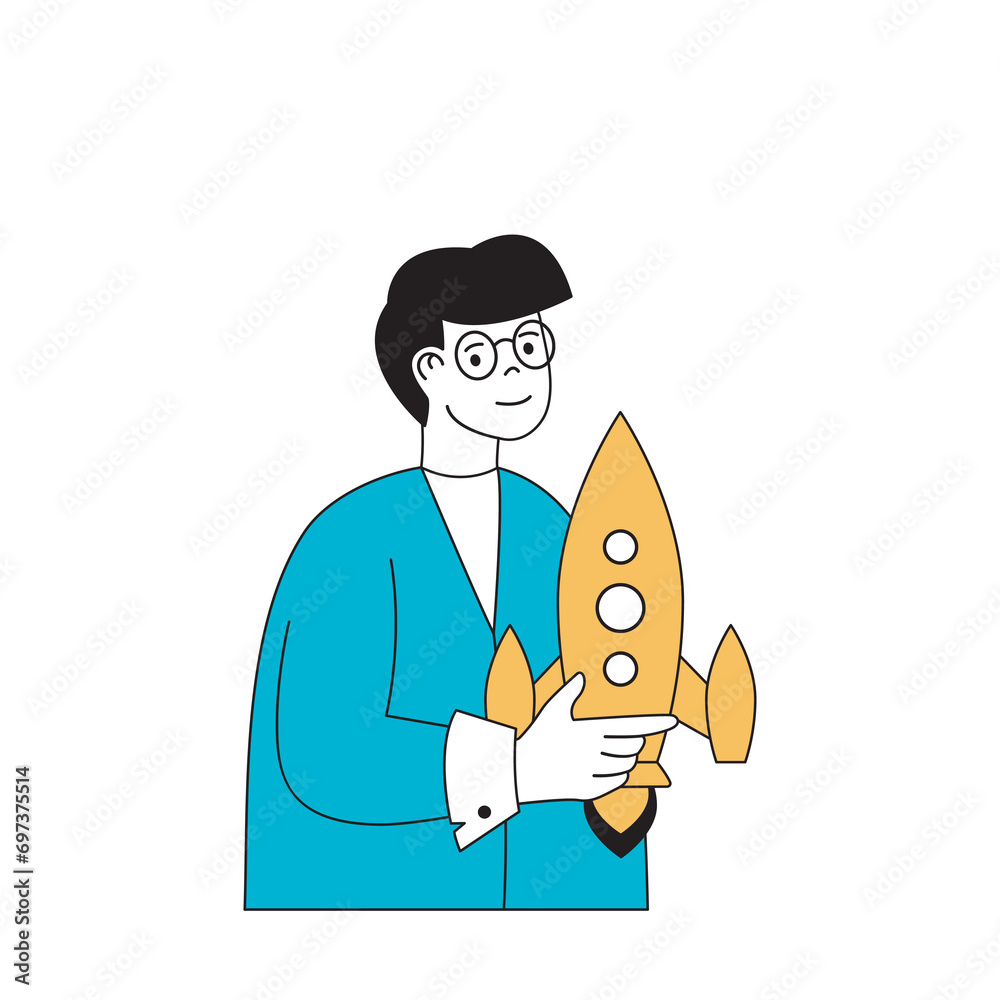 Poster marketing and development concept with cartoon people in flat design for web. man making promotion f