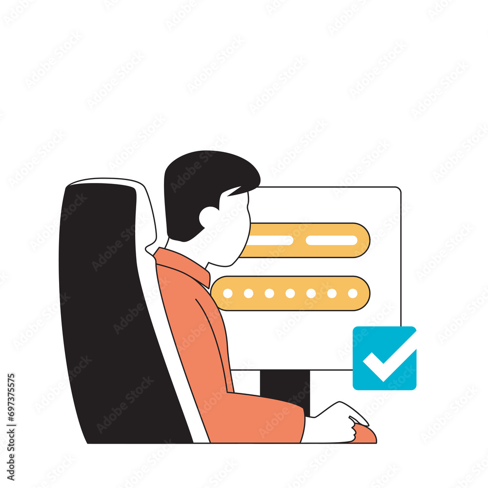 Poster marketing and development concept with cartoon people in flat design for web. man making promotion f