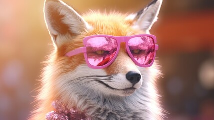 Fox wearing sunglasses on a solid color background, vector art, digital art, faceted, minimal, abstract.
