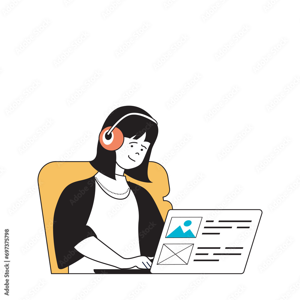 Poster Marketing and development concept with cartoon people in flat design for web. Woman creating advertising posts for promotion brand. Vector illustration for social media banner, marketing material.