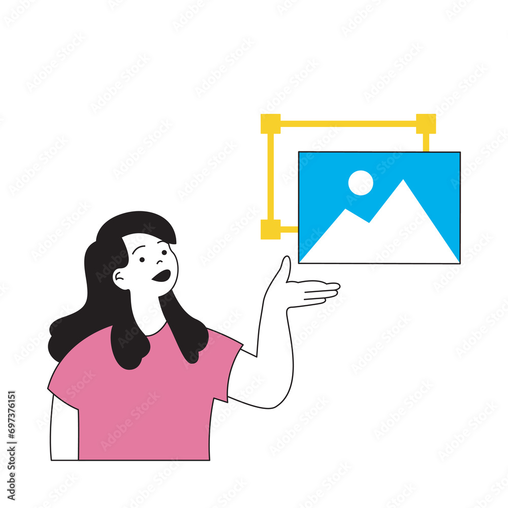 Poster design development concept with cartoon people in flat design for web. woman creating trendy visuali