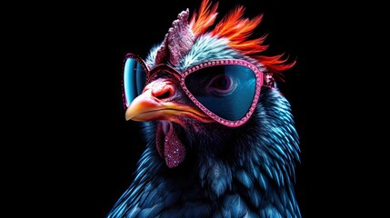 punk chicken wearing sunglasses on a solid color background, vector art, digital art, faceted, minimal, abstract. - Powered by Adobe