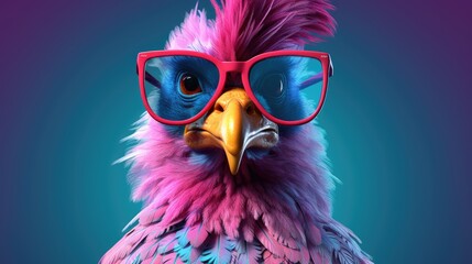 cool cyber punk chicken wearing sunglasses on a solid color background, vector art, digital art, faceted, minimal, abstract. - obrazy, fototapety, plakaty