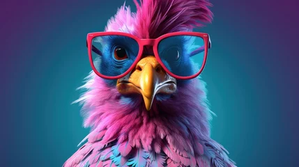 Foto op Plexiglas cool cyber punk chicken wearing sunglasses on a solid color background, vector art, digital art, faceted, minimal, abstract. © andrenascimento