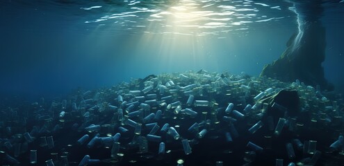 Piles of rubbish on the seabed with clear water and light requirements from above. generative AI - obrazy, fototapety, plakaty